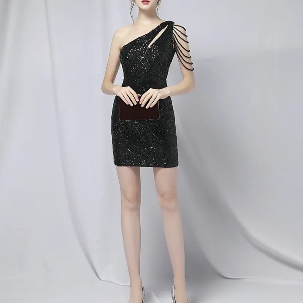NWT Black One Shoulder Sequins Mini Dress